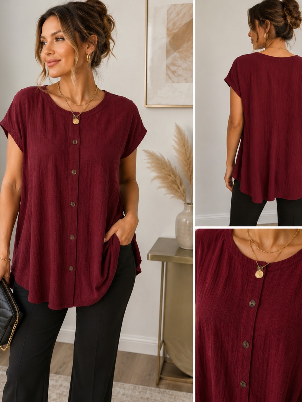 Womens Button-Front Short Sleeve Tunic Top in Burgundy